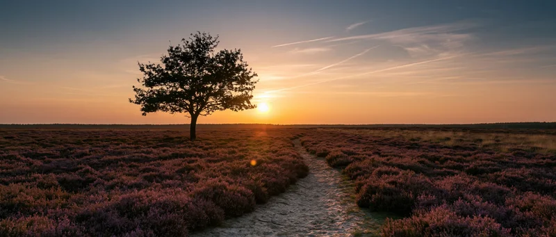 Lone tree silhouetted at sunset along a winding path through blooming heather field
