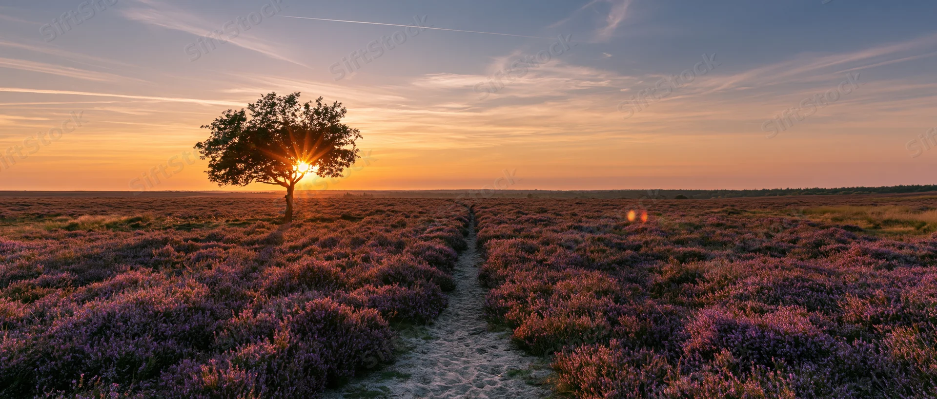 A lone tree stands at sunset over a vast field of blooming heather with a winding path through the purple flowers