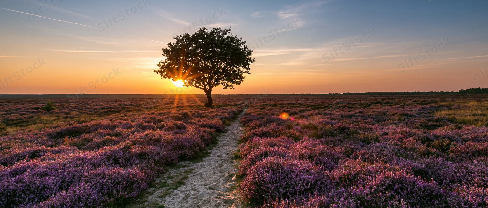 Lavender field at sunset with a tree and path leading through it