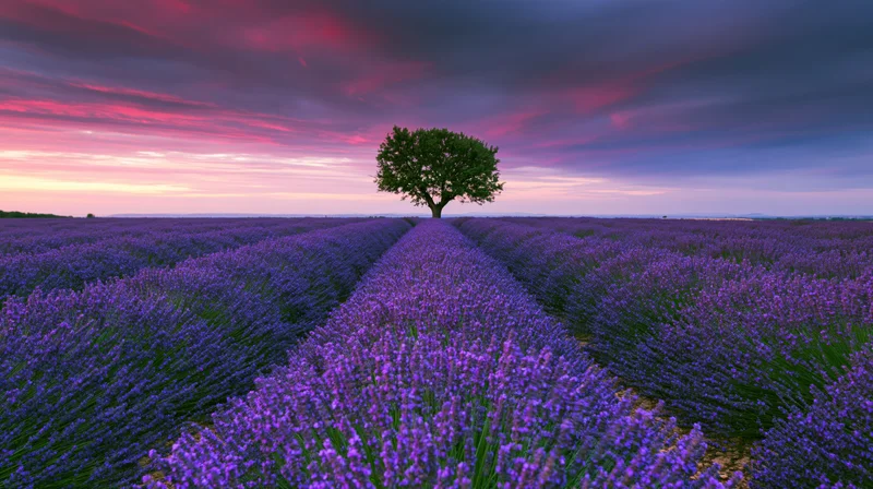Lavender field with a single tree at sunset, rows stretching to the horizon