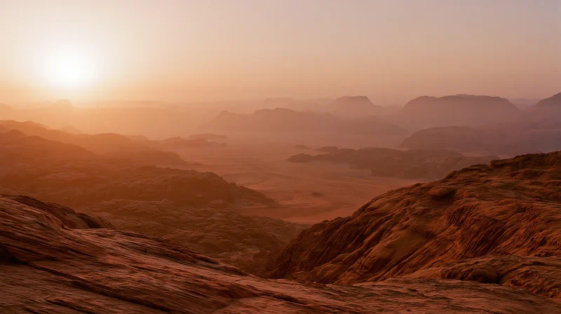 Desert canyon landscape at sunset with layered rock formations and distant mountains under warm orange sky