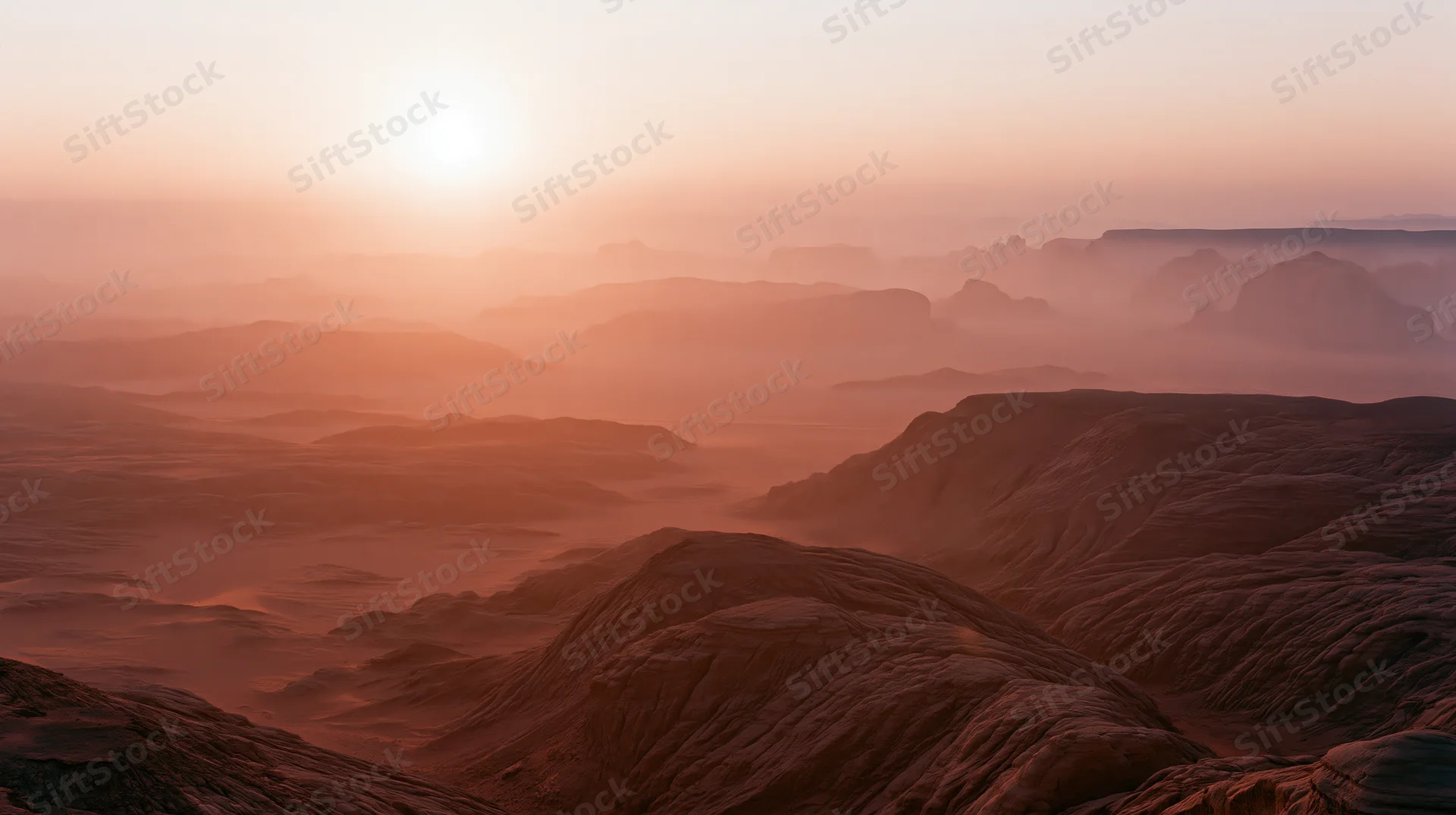 Red rock canyon landscape at sunset with layered formations and hazy horizon