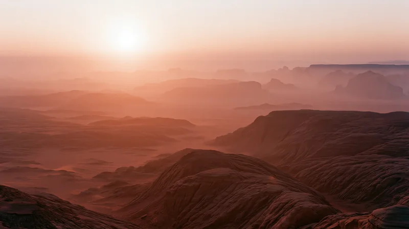 Red rock canyon landscape at sunset with layered formations and hazy horizon