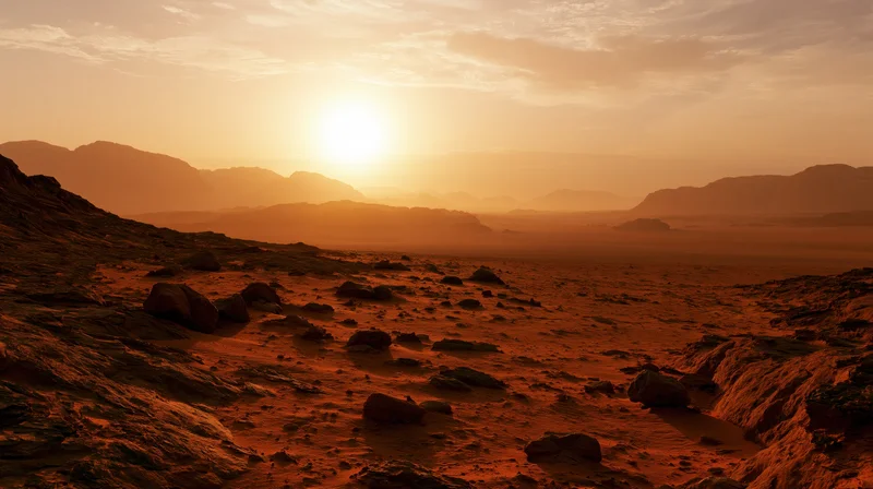 Red rocky desert landscape under setting sun on mars