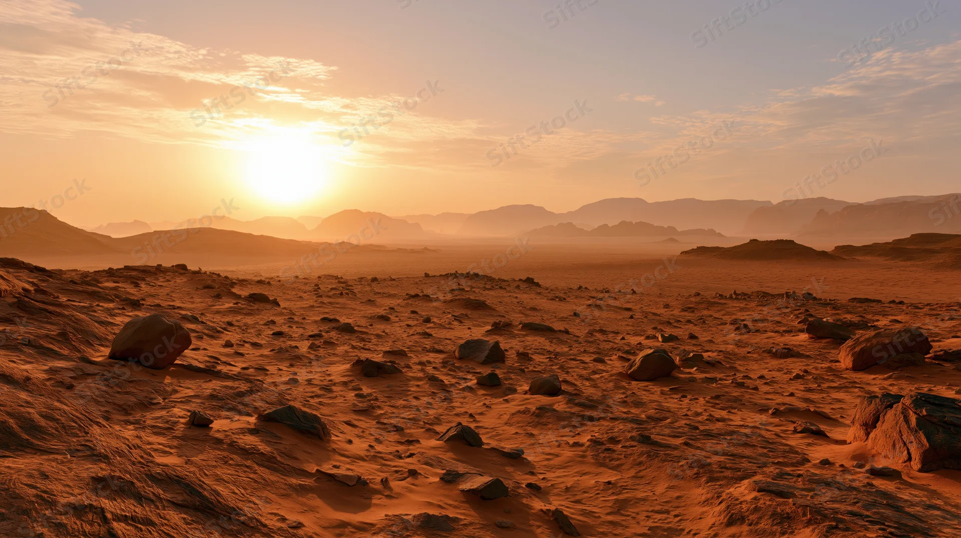 Red desert landscape at sunset with rocky terrain and distant mountains under hazy sky
