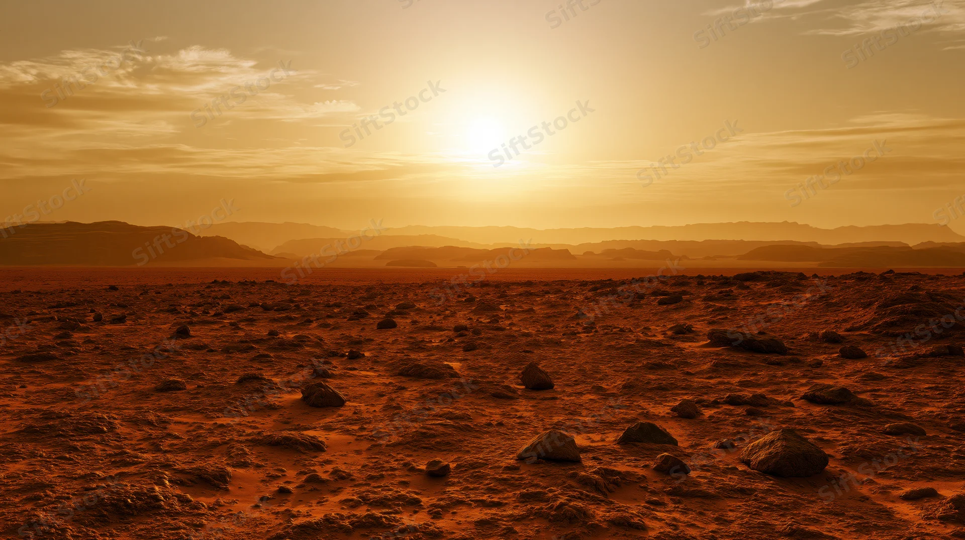 Red rocky surface of mars under setting sun with distant mountains and hazy sky