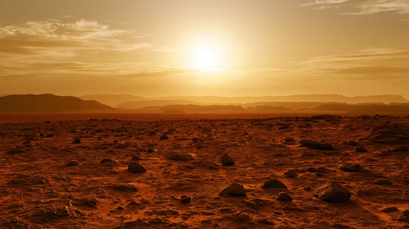 Red rocky surface of mars under setting sun with distant mountains and hazy sky