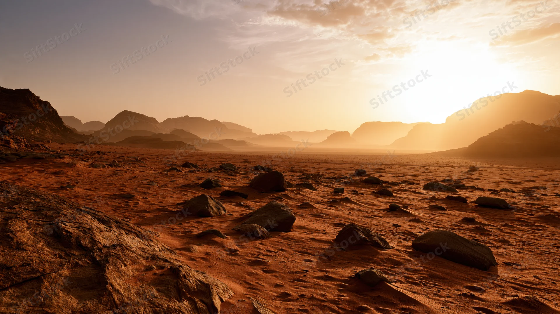 Desert landscape at sunset with scattered rocks and distant mountains under warm golden light