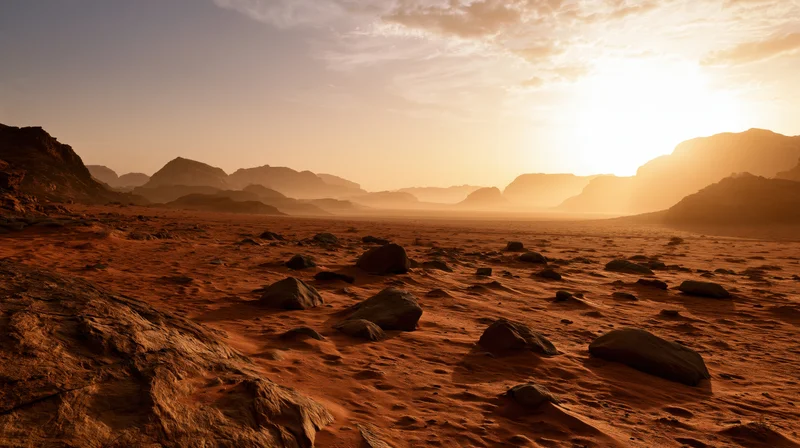 Desert landscape at sunset with scattered rocks and distant mountains under warm golden light