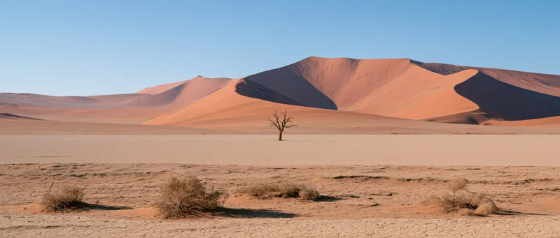 A dead tree stands alone in a vast desert landscape with red sand dunes under a clear blue sky