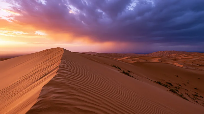 Sand dunes with rippled texture under a stormy sunset sky in a vast desert landscape