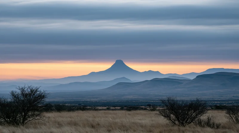 Mountain silhouette at sunset over a vast grassland valley