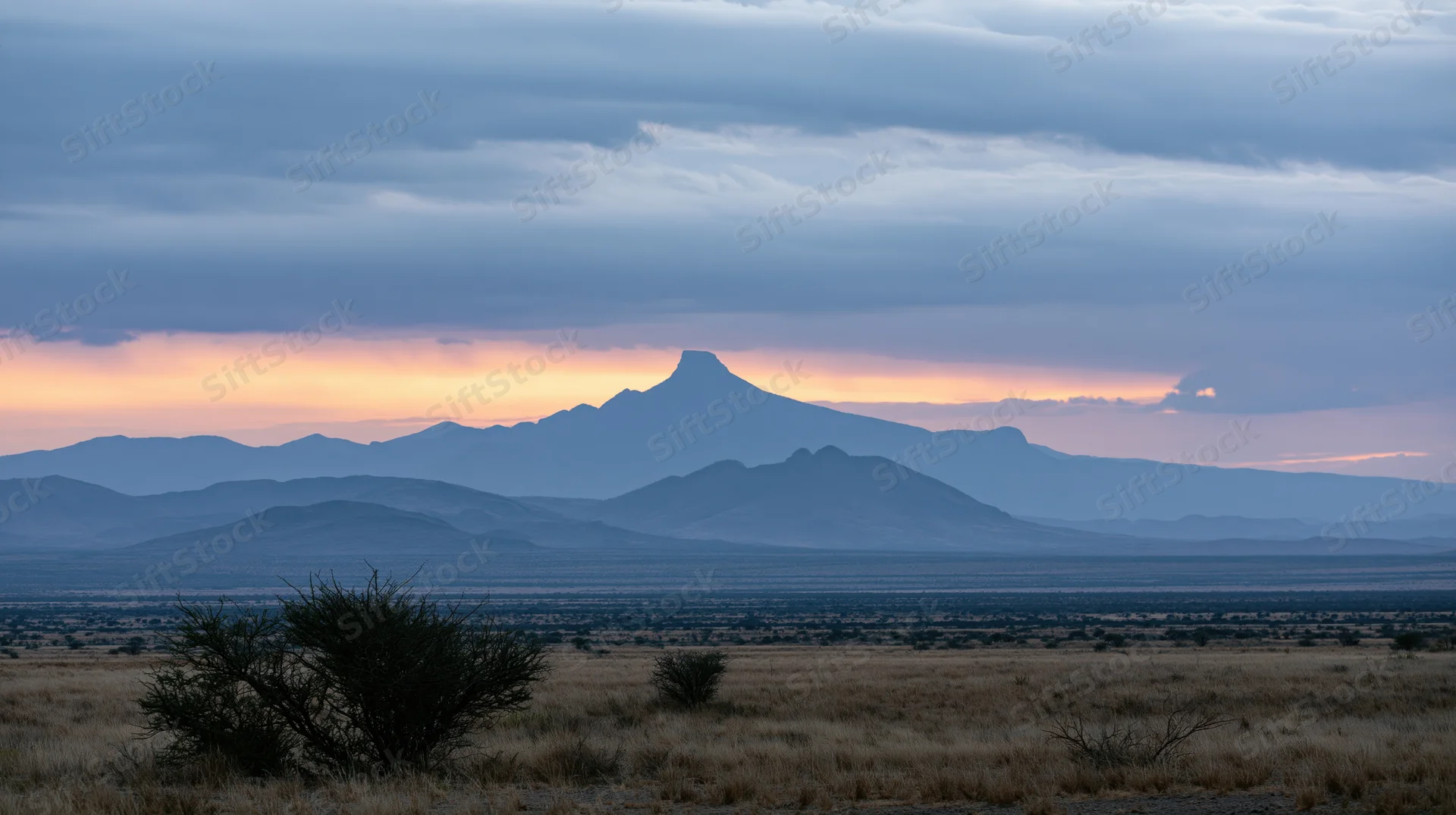 Silhouetted mountain range at sunset over arid desert valley with shrubs in foreground