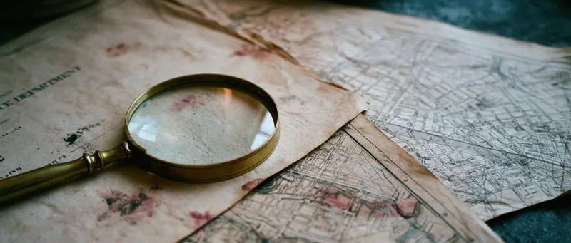 Brass magnifying glass resting on aged map and document spread on dark surface