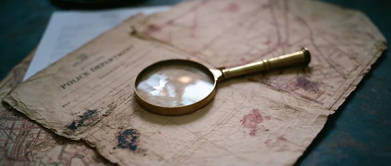 Brass magnifying glass resting on aged police document and map with stains and grid lines