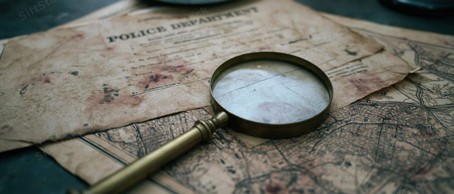 Brass magnifying glass resting on aged police document and city map
