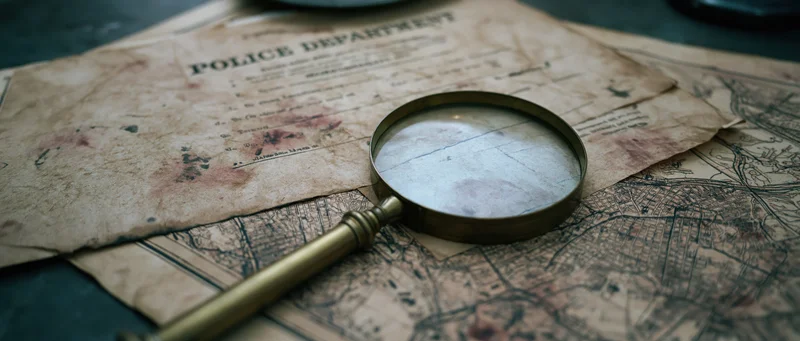 Brass magnifying glass resting on aged police document and city map