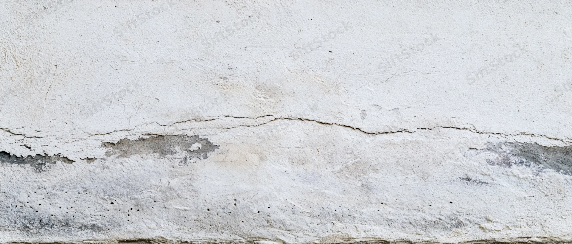 Cracked and damaged white plaster wall showing concrete foundation beneath