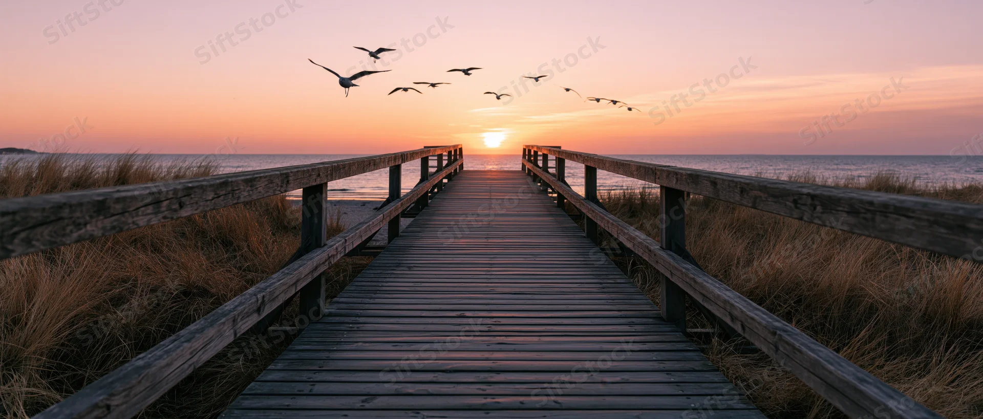 Wooden boardwalk leading to ocean at sunset with seagulls flying overhead