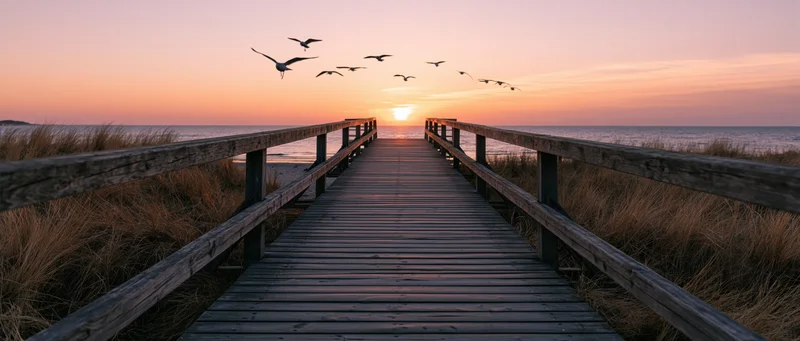Wooden boardwalk leading to ocean at sunset with seagulls flying overhead