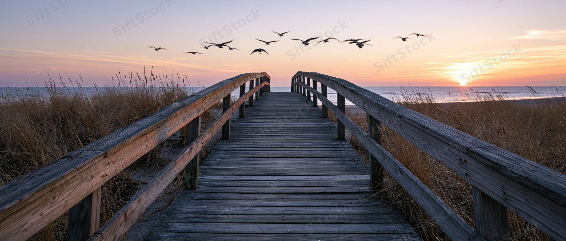 Wooden boardwalk leading to ocean at sunset with birds flying overhead