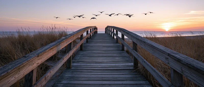 Wooden boardwalk leading to ocean at sunset with birds flying overhead