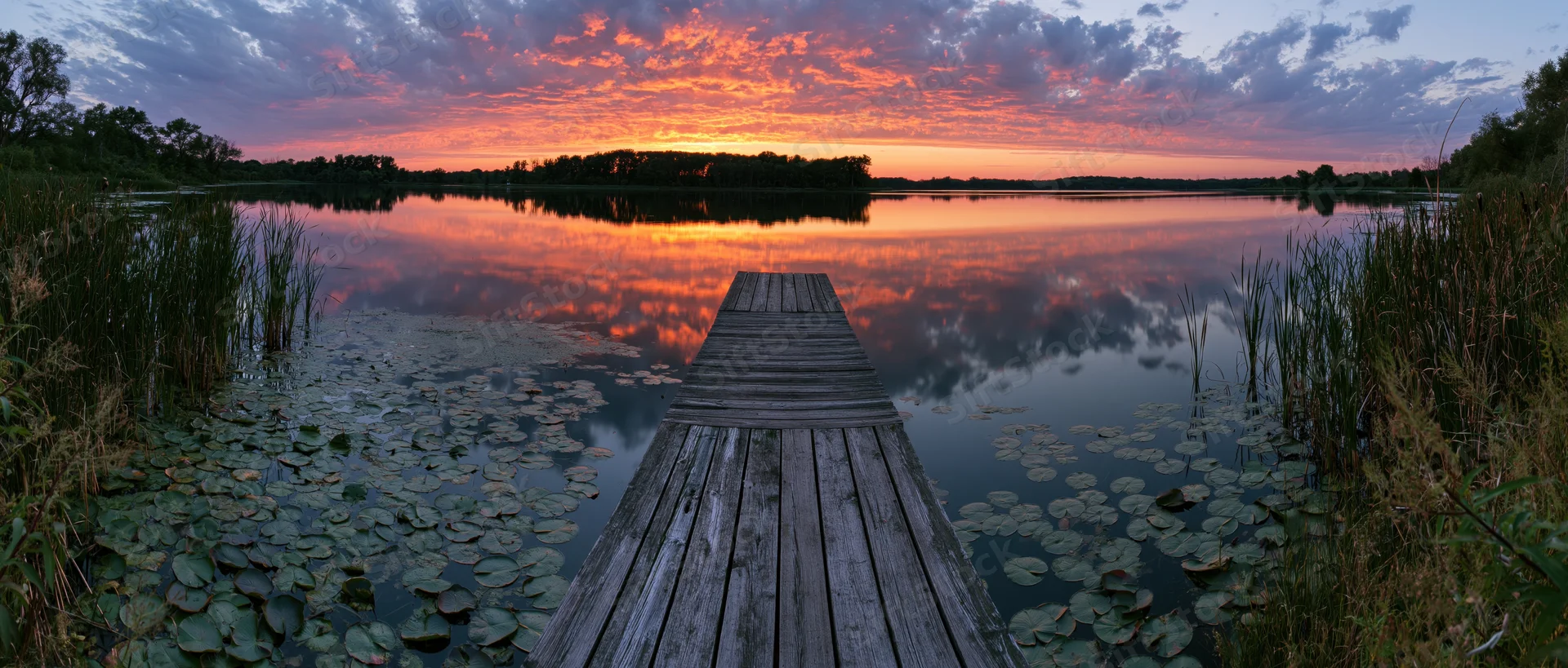 Wooden dock extending over calm lake at sunset with lily pads and reeds along the shore