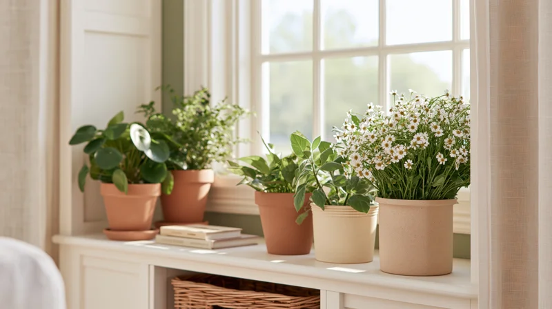 Potted plants and flowers arranged on a windowsill shelf in a bright home interior