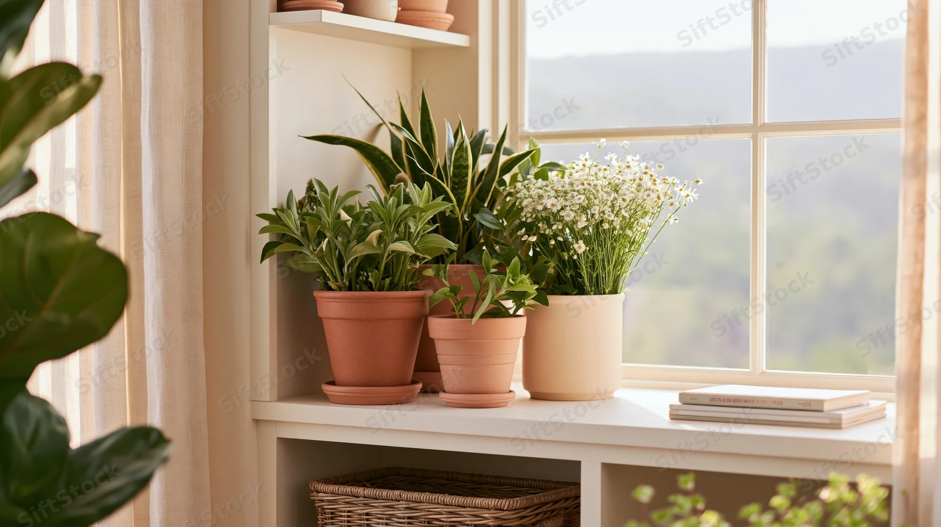 Potted plants arranged on a white shelf by a window in a bright home interior