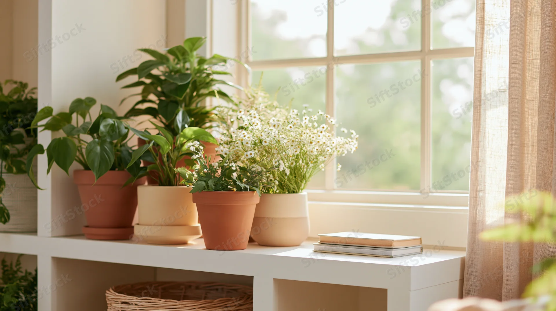 Potted plants arranged on a white shelf by a window in a bright living room