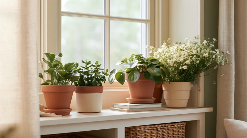 Potted plants arranged on a windowsill shelf in a bright living room interior