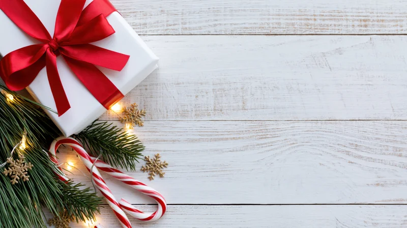 White gift box with red ribbon and candy canes on wooden surface with pine branches and lights