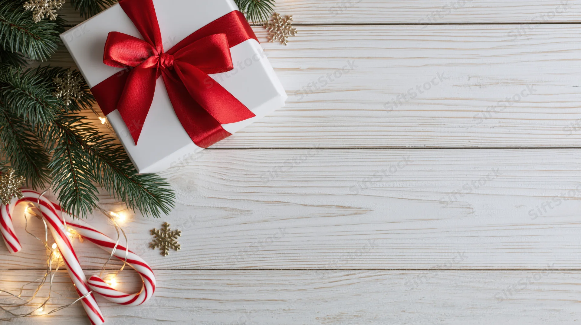 White gift box with red ribbon and pine branches on wooden surface with candy canes and string lights