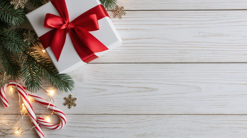 White gift box with red ribbon and pine branches on wooden surface with candy canes and string lights