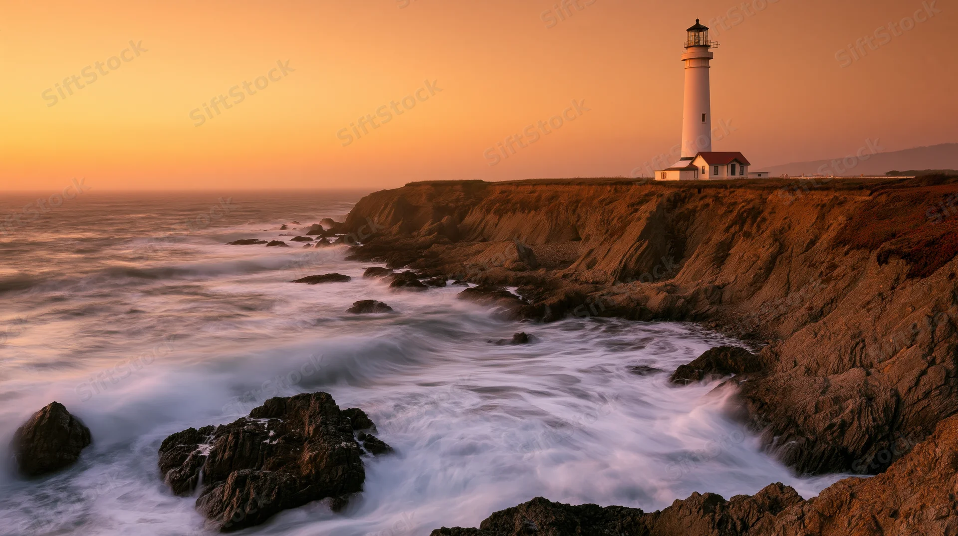 White lighthouse on rocky cliff overlooking ocean at sunset