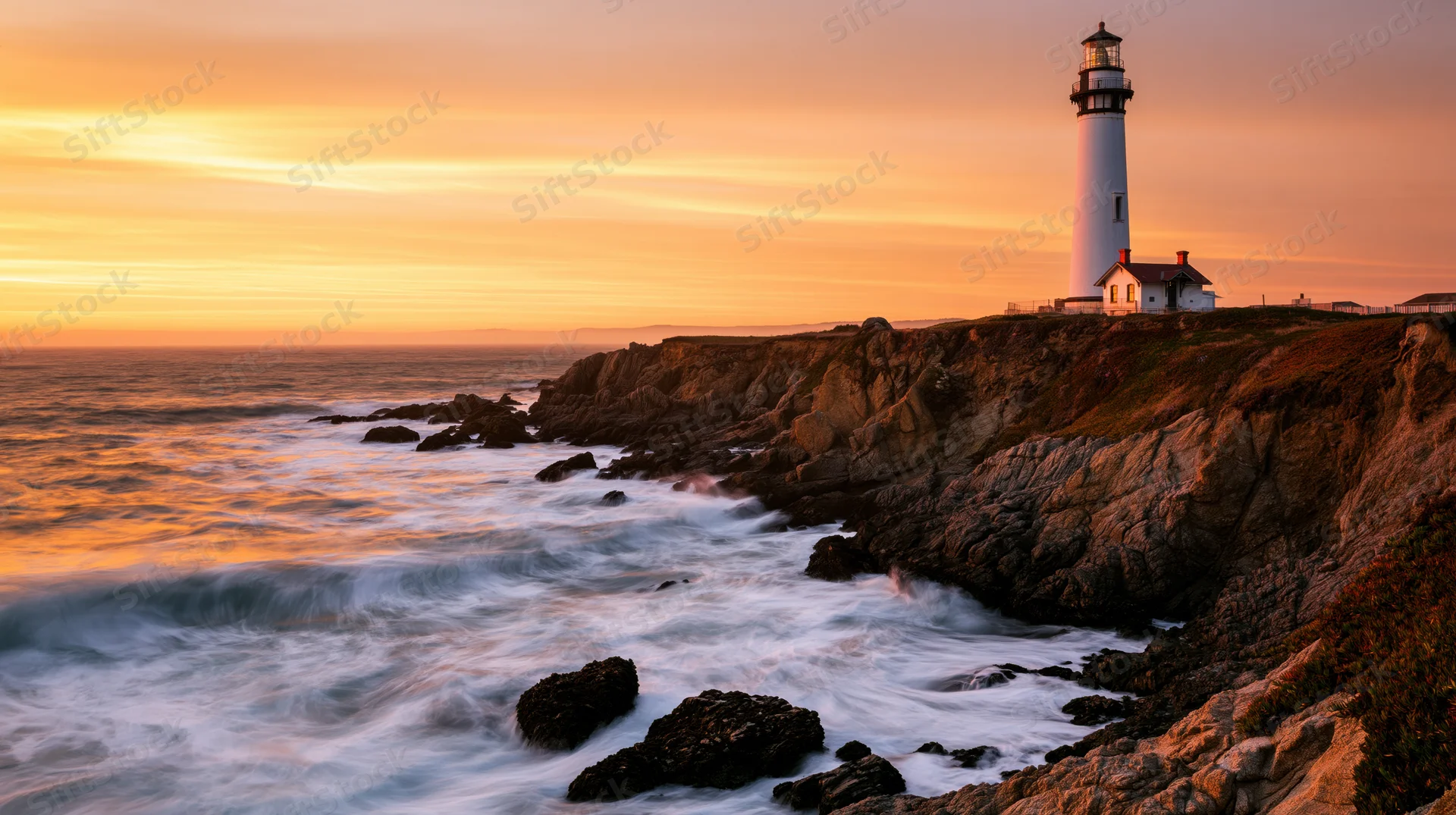White lighthouse standing on rocky cliff overlooking ocean at sunset