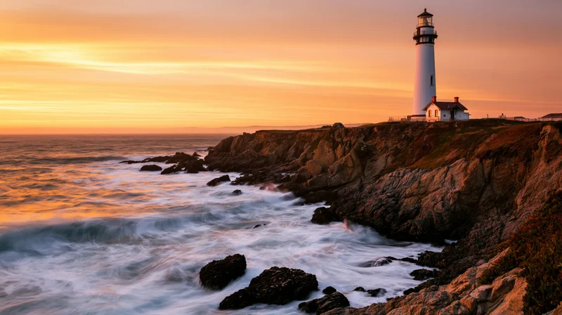 White lighthouse standing on rocky cliff overlooking ocean at sunset