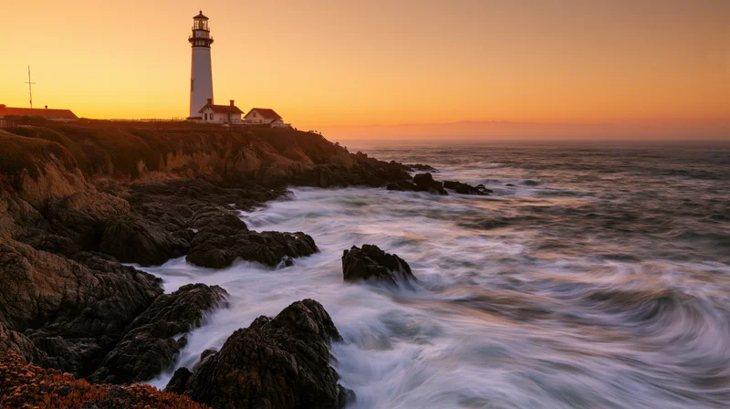 Lighthouse standing on rocky cliff overlooking ocean waves at sunset