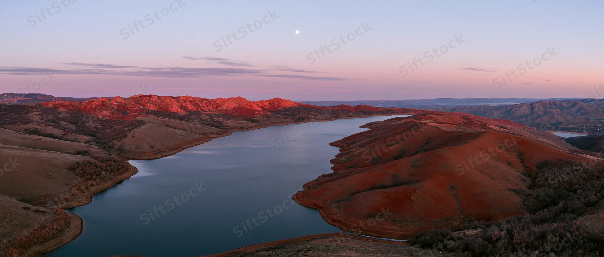 Red rock canyon with a calm lake at sunset, aerial view