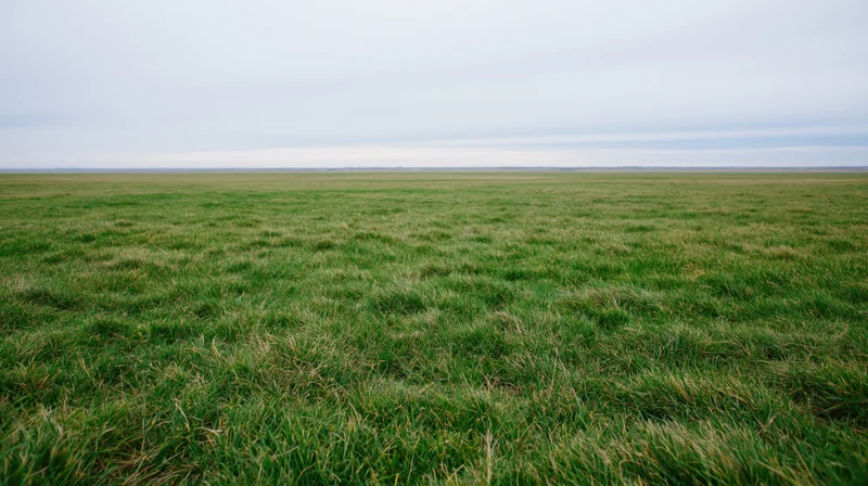 Expansive green grass field stretching to the horizon under an overcast sky