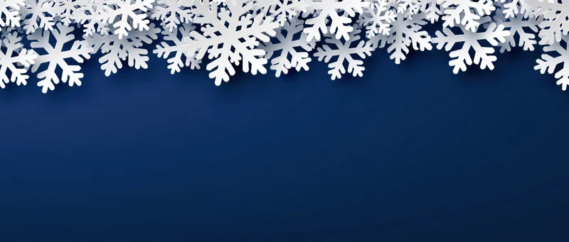 White snowflakes arranged as a decorative border along the top of a solid blue background with copyspace below