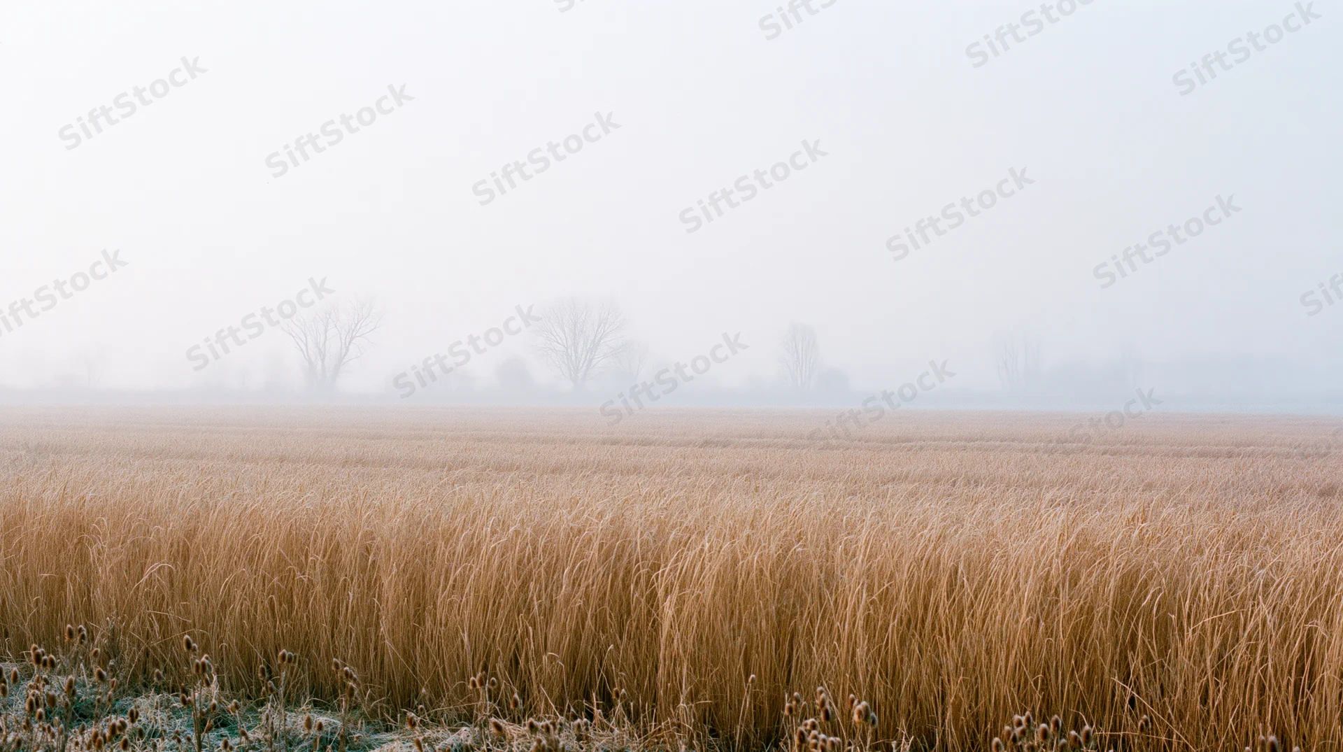 A field of tall dried reeds under foggy sky in rural winter landscape