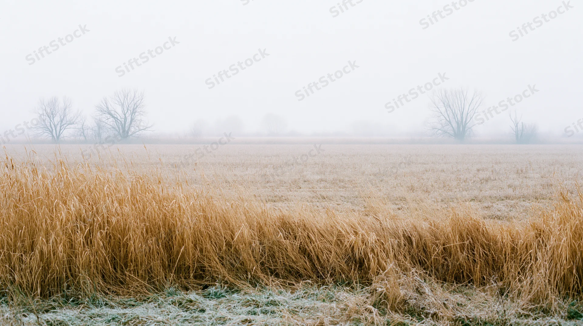 Frost-covered grass in a foggy field with bare trees in the distance