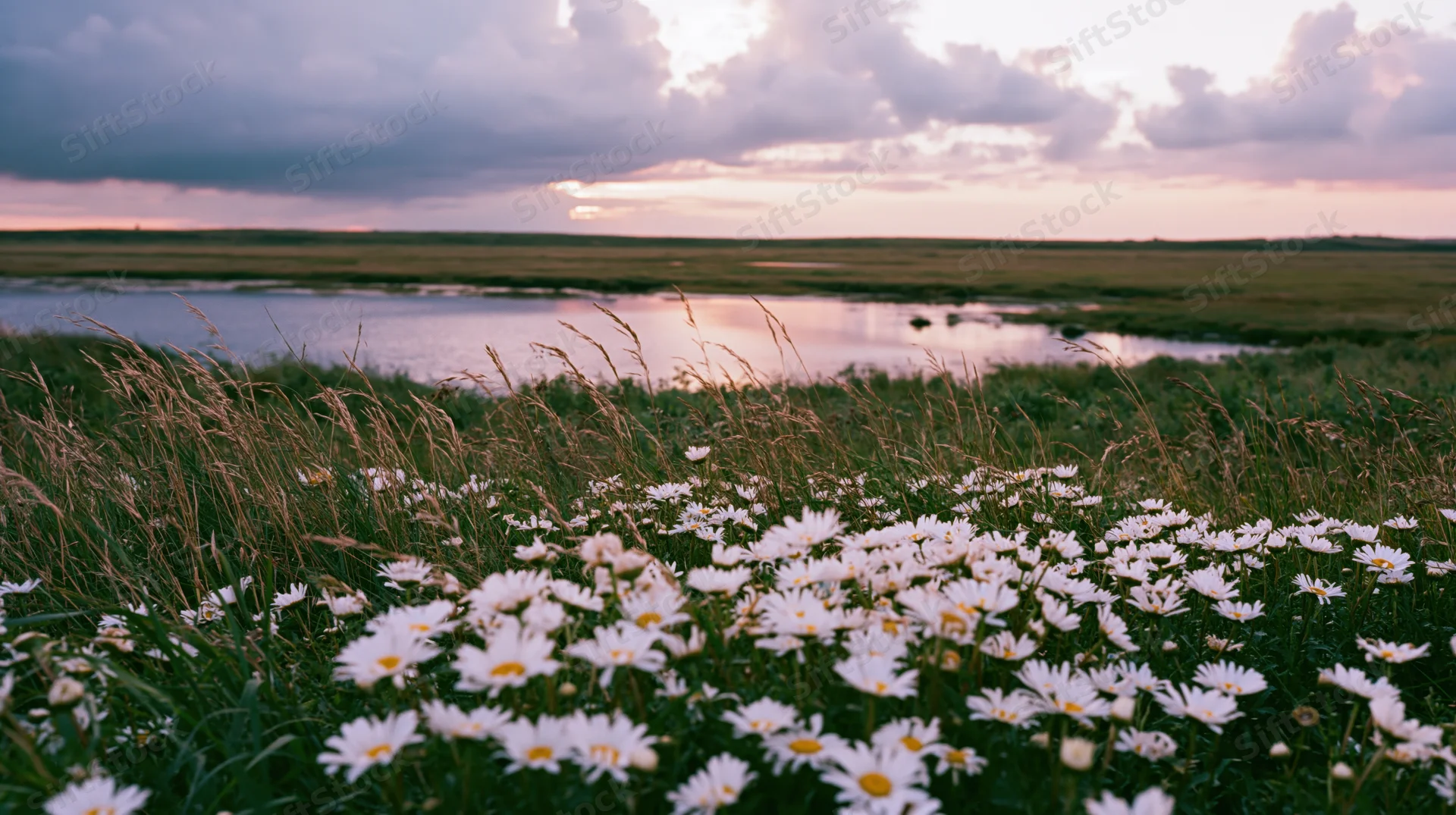 Daisies blooming in a grassy field beside a pond at sunset