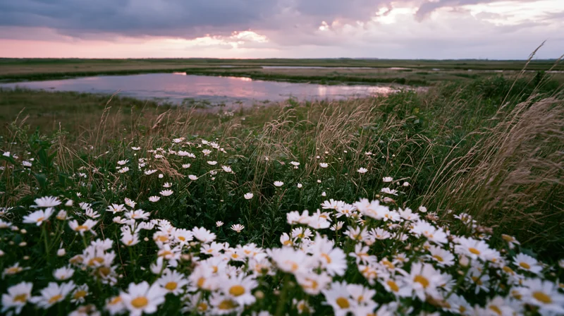 Daisies blooming in a grassy meadow beside a calm pond at sunset