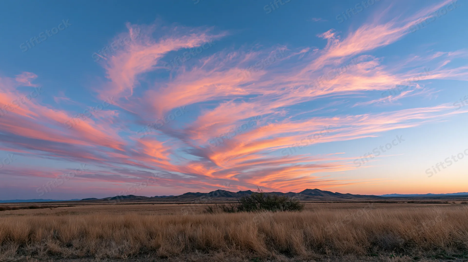Pink and orange clouds over a desert grassland at sunset with distant mountains on the horizon