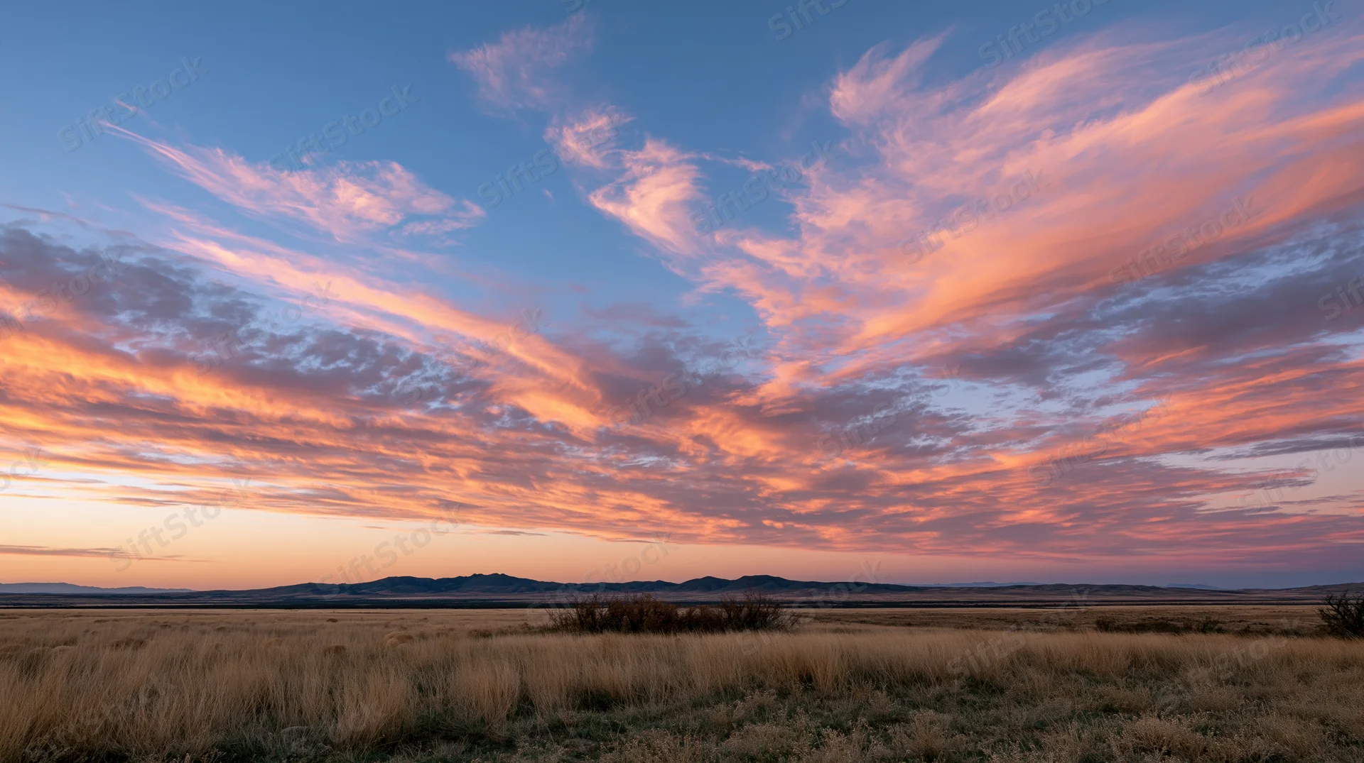 Sunset over a grassy field with distant mountains under colorful clouds
