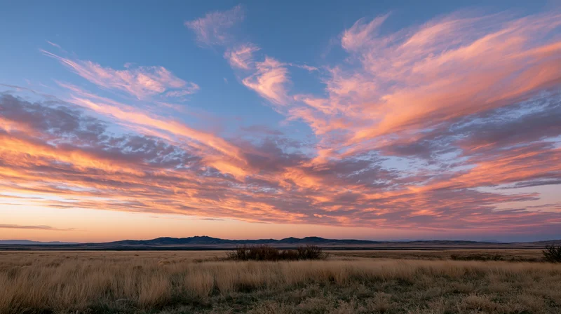 Sunset over a grassy field with distant mountains under colorful clouds