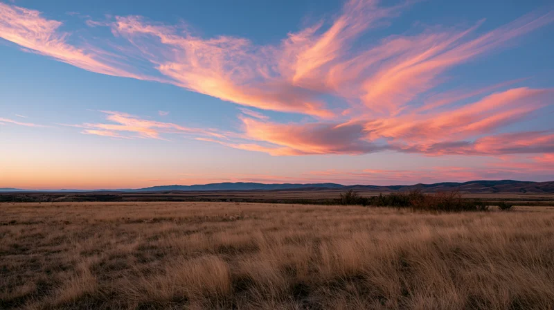 Golden hour sky over dry grassland with distant mountains at dusk