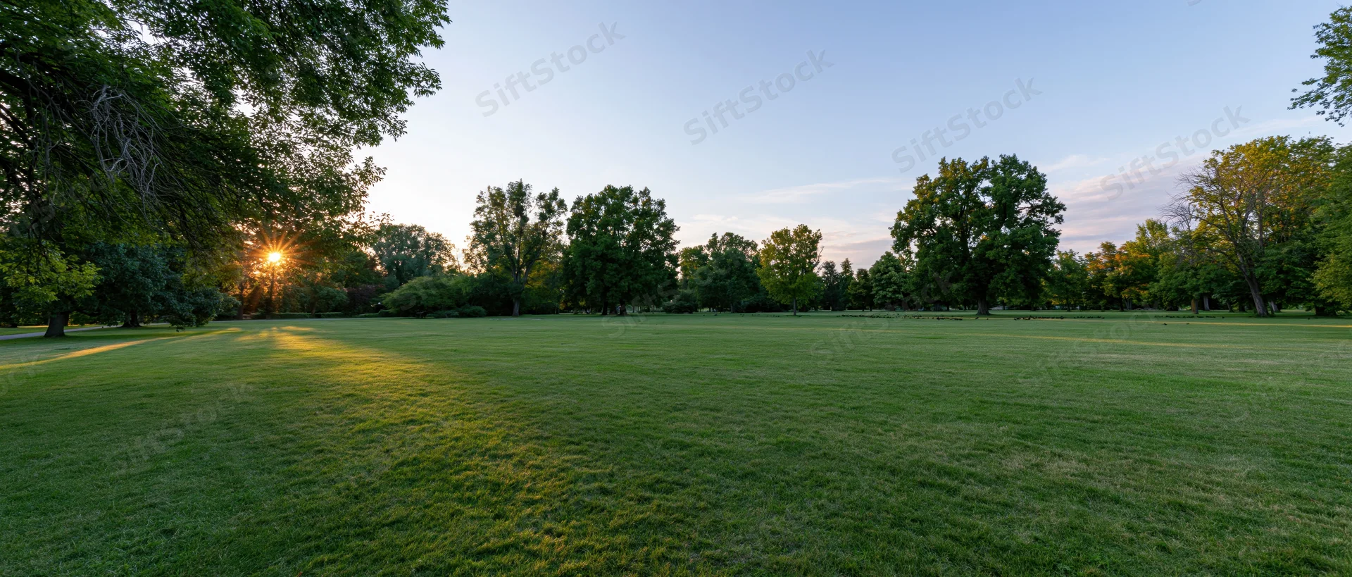 Expansive grassy lawn bordered by trees with sun setting behind foliage in a park